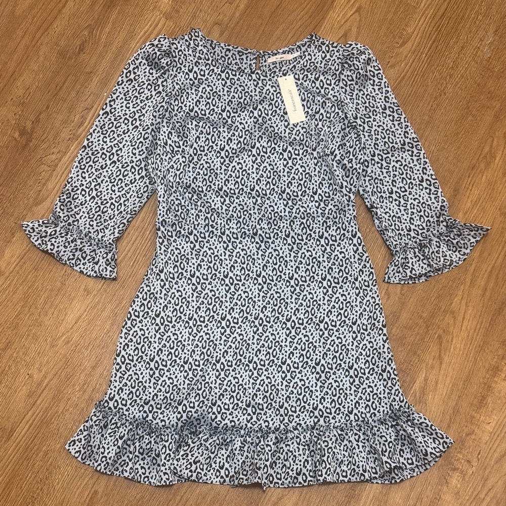 Francesca's Mi Amor NWT Small Blue Leopard Print A-Line Ruffle Mini Dress Satin